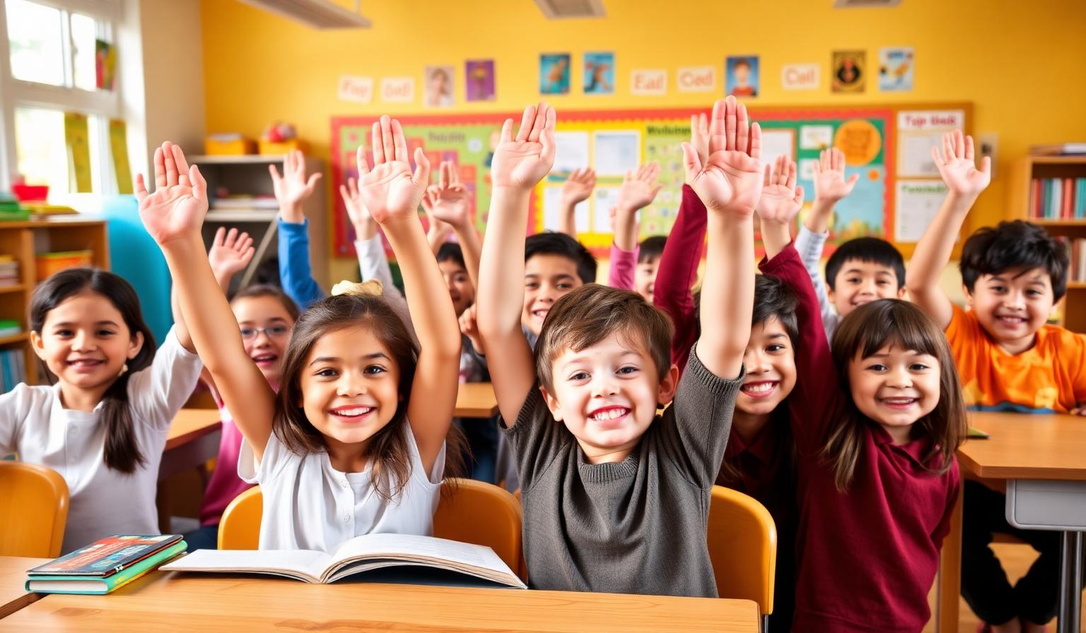 Smiling K-8 students raising hands in a bright classroom at All Smart Kids Academy